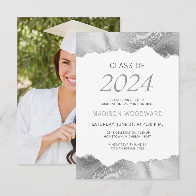 Convite para Agate Prateado para Cinzas de Graduaç (Frente/Verso)