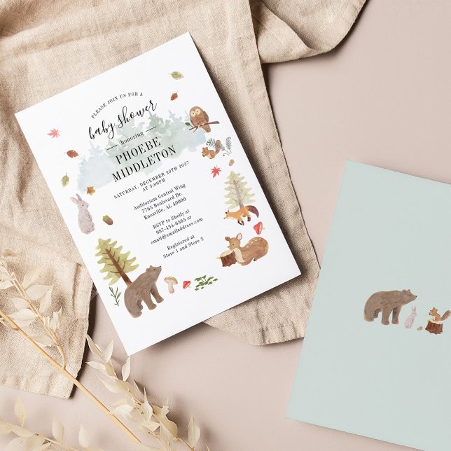 Convite para animais florestais de Chá de fraldas  (Woodland Animals Watercolor Fall Autumn Baby Shower Invitation)