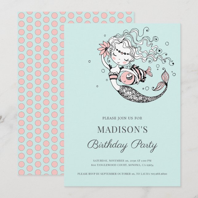 Convite para Aniversário da Mermaid Watercolor (Frente/Verso)