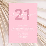 Convite para aniversário de 21 anos cor-de-rosa mo<br><div class="desc">Convite para aniversário de 21 anos cor-de-rosa feminino moderno Design de modelo de convite de aniversário de 21 anos minimalista com uma caligrafia elegante com letra de escrita manuscrita.</div>