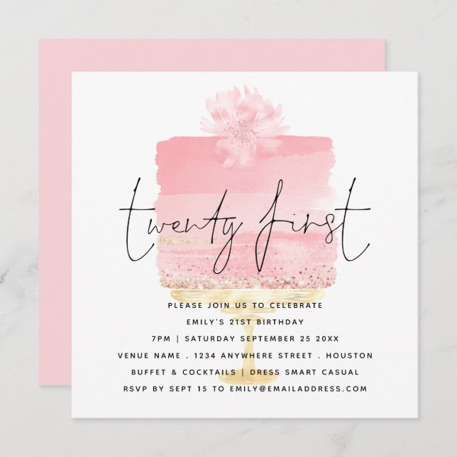 Convite para aniversário de 21 anos de Bolo Rosa M (Frente/Verso)