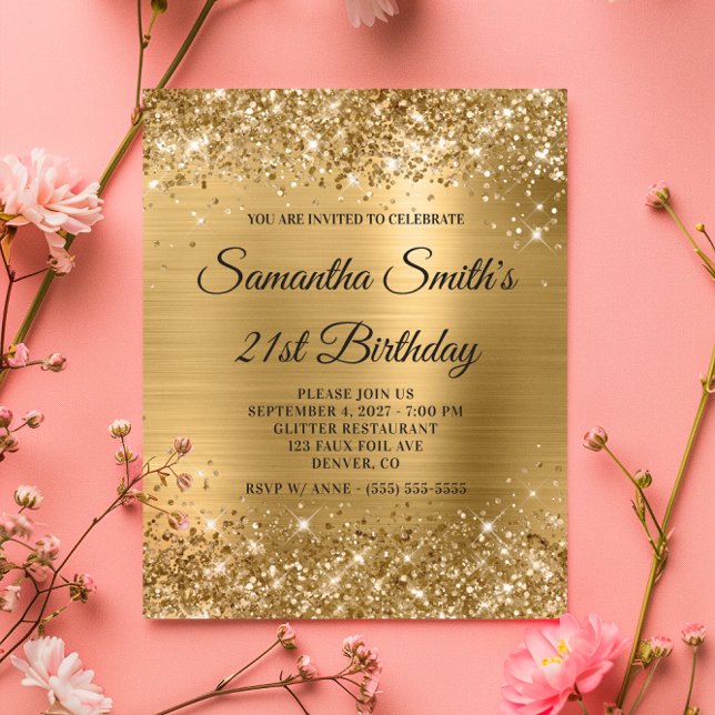 Convite para aniversário de 21 anos de Monograma D (Budget Glittery Gold Monogram 21st Birthday Invite)