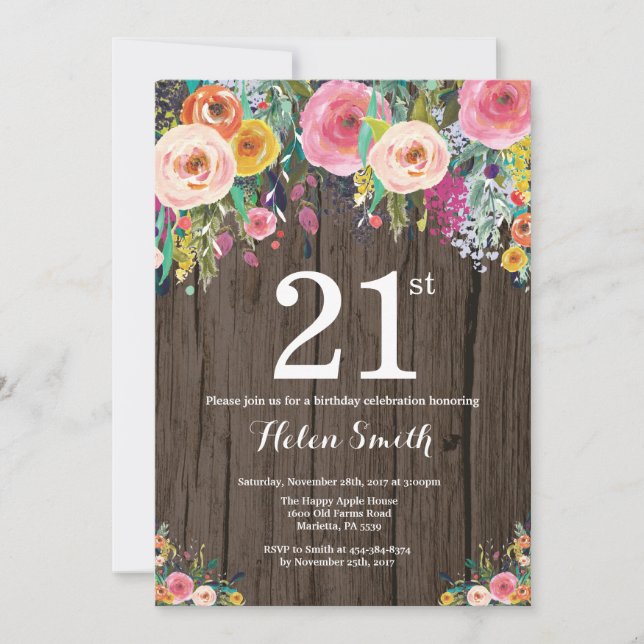 Convite para aniversário de 21 anos Floral Rustic (Frente)