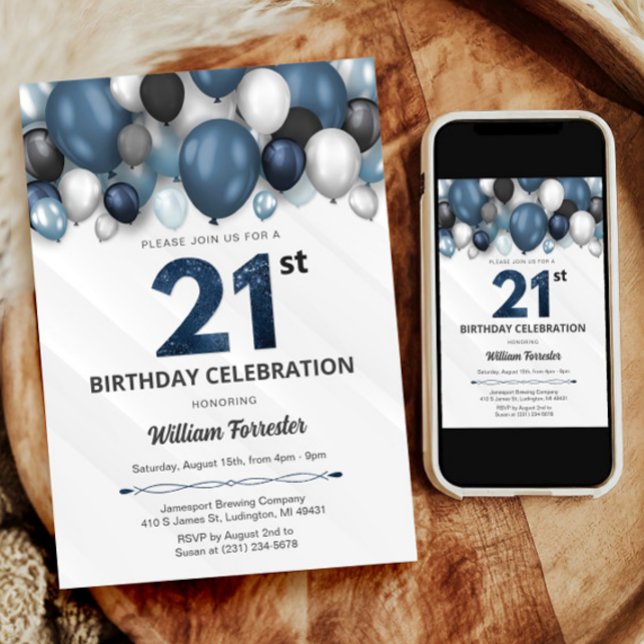 Convite para aniversário de 21 anos preto e branco (Blue Silver Black & White 21st Birthday Invitation)