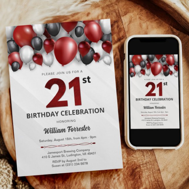 Convite para aniversário de 21 anos preto Red Silv (Black Red Silver & White 21st Birthday Invitation)