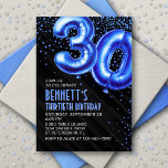 Convite para aniversário de 30 anos Azul de Mens<br><div class="desc">Um design de aniversário que corta hetero para a celebração, sem brincadeiras. Apresentando números ousados que se parecem com balões de folha com confete espumante por toda parte, esta design traz vibrações instantâneas do partido. O esquema de cor azul real e o texto de deco da arte elevam o design,...</div>