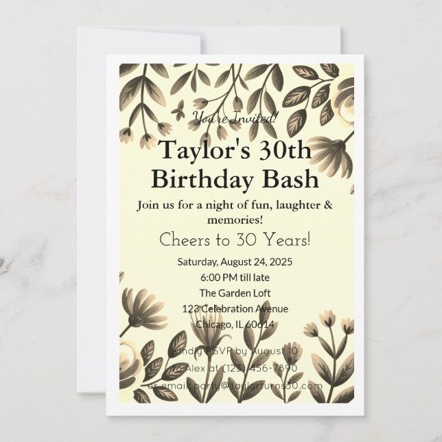 Convite para aniversário de 30 anos Chic Black & D (Frente)