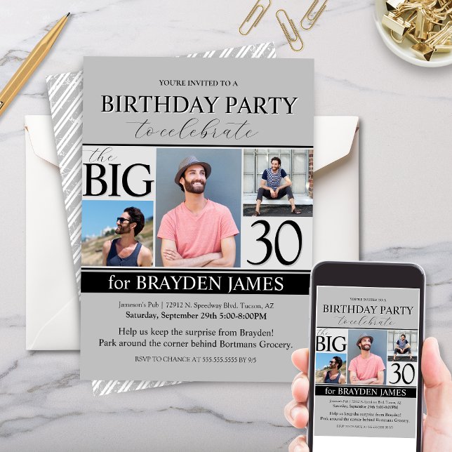 Convite para aniversário de 30 anos de Colagem de  (birthday party invitation with simple grey, black and white color theme for 30th birthday or any age)