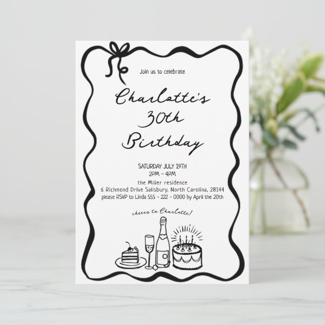 Convite para aniversário de 30 anos desenhado à mã (Em pé/Frente)