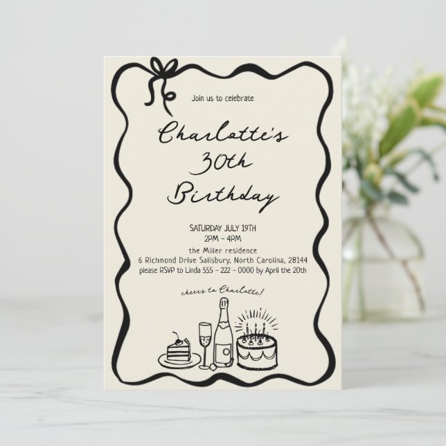 Convite para aniversário de 30 anos desenhado à Mã (Em pé/Frente)