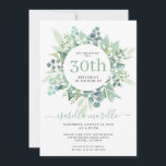 Convite para aniversário de 30 anos Eucalyptus<br><div class="desc">Um convite bonito para aniversário de 30 anos de eucalipto com aquarela. Verde poeirento na parte de trás do convite. Um design de aquarela bonito e leve.</div>