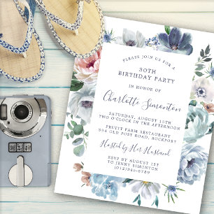 Convite para aniversário de 30 anos Floral Azul Du