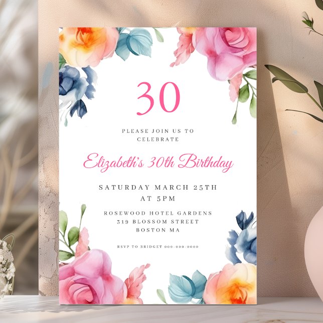Convite para aniversário de 30 anos Floral Brilhan (Criador carregado)