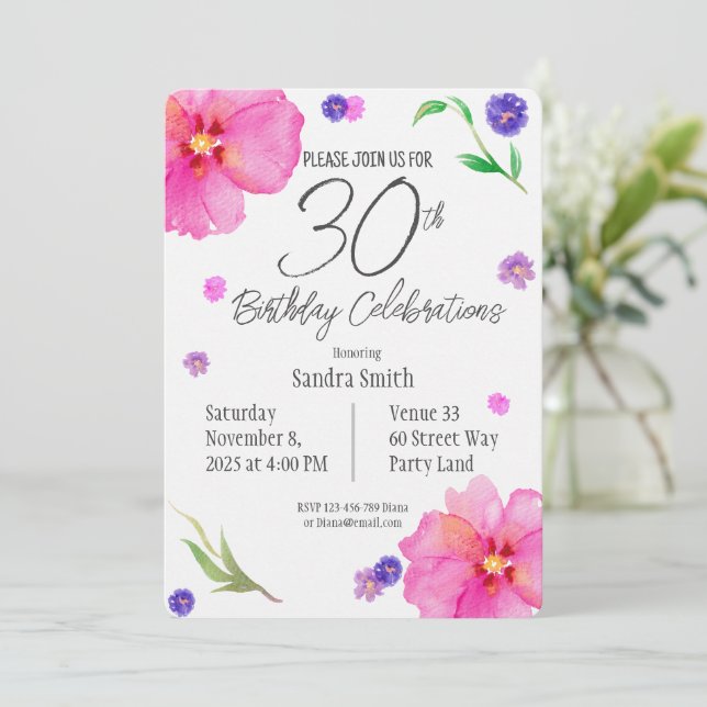 Convite para aniversário de 30 anos Floral de Aqua (Em pé/Frente)