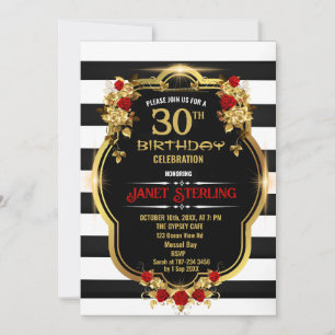 Convite para aniversário de 30 anos preto, branco 