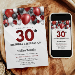 Convite para aniversário de 30 anos preto Red Silv
