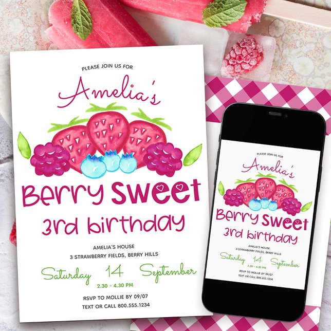 Convite para aniversário de 3 anos da Berry Sweet  (Berry Sweet 3rd Birthday Invitation)