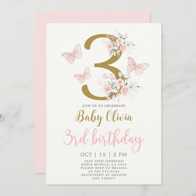 Convite para aniversário de 3 anos de borboletas (Frente/Verso)