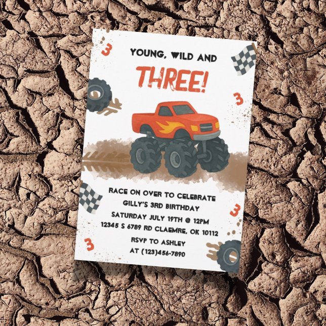 Convite para aniversário de 3 anos de Caminhão de  (Monster Truck invite design shown with mud and tire track details, perfect for a 3rd birthday!)