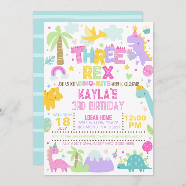 Convite para aniversário de 3 anos de Dinossauro T (Frente/Verso)