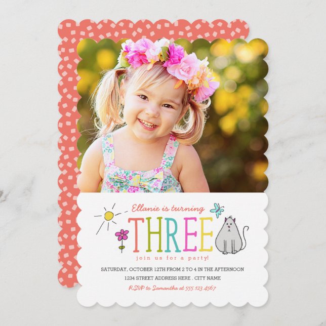 Convite para aniversário de 3 anos de Doodles Colo (Frente/Verso)