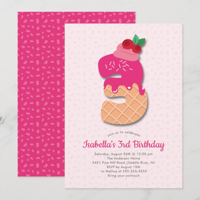 Convite para aniversário de 3 anos de Sorvete doce (Frente/Verso)