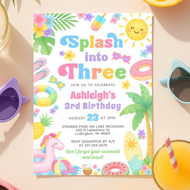 Convite para aniversário de 3 anos de Verão - Dese (Summer 3rd Birthday Invitation - Splash into Three)