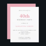 Convite para aniversário de 40 anos cor-de-rosa si<br><div class="desc">Texto Simples Do Orçamento Convite De aniversário de 40 anos Rosa Com Esmagamento. Um valor para o alternativo menor de 4, 5 x 5, 6 polegadas é usado como padrão para a opção de semigloscópio, que é recomendada para convites e é de espessura semelhante a um cartão postal. A opção...</div>