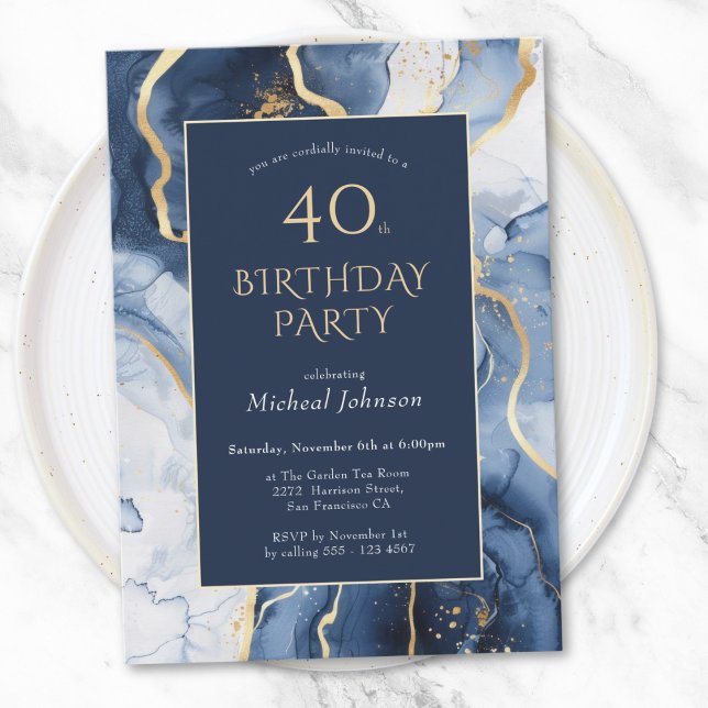 Convite para aniversário de 40 anos de Agate Doura (Blue Gold Agate 40th Birthday Invitation)
