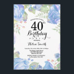 Convite para aniversário de 40 anos de Azul Botâni<br><div class="desc">Convite para aniversário de 40 anos Floral Azul Botânico Convite à Mulher para o Aniversário de Peões Rosa Floral Flor Floral de Aquarela. Rosa Rosa Rosa Elegante e Flores de Pêonias. Aniversário Adulto. Fundo Branco. Preto e Branco. 13 15 16º 18º 20 21rua 30 40º 50º 60º 80 de 70...</div>