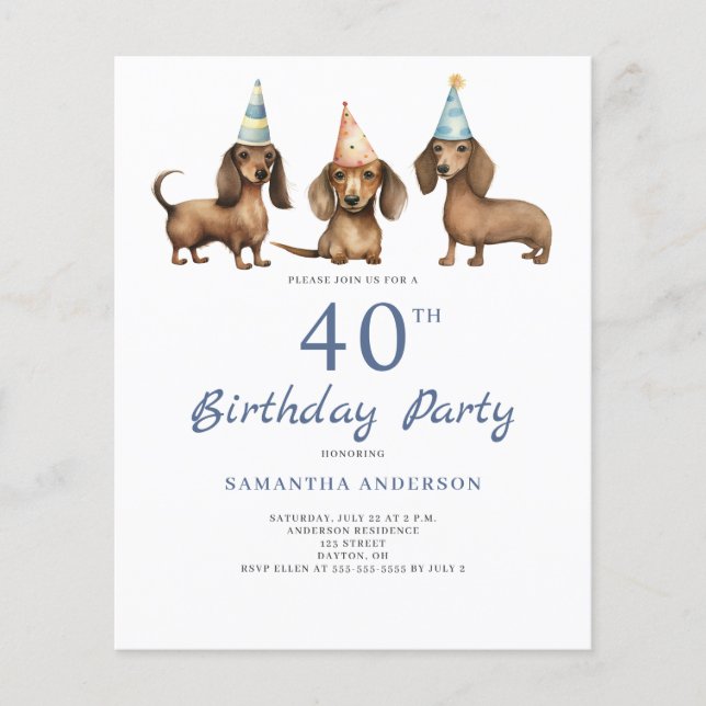 Convite para aniversário de 40 anos de Dachshund D (Frente)