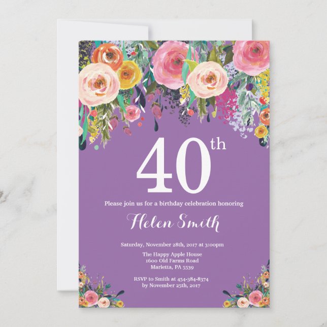 Convite para aniversário de 40 anos de Floral Roxo (Frente)