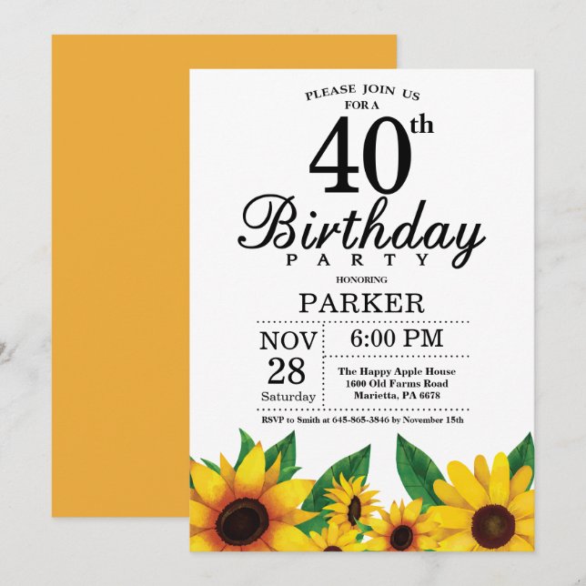 Convite para aniversário de 40 anos de girassol (Frente/Verso)