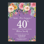 Convite para aniversário de 40 anos de Surpresa Fl<br><div class="desc">aniversário de 40 anos de Surpresa Floral Roxa Convite para Mulheres. Flor Floral de Água. Fundo de Violet Lavanda Lilac Roxo. Rosa, Amarelo, Laranja, Flor Roxo. Aniversário Adulto. 13 15 16º 18º 20 21 rua 30 40º 50º 80 de 60º 70 de 100º, qualquer idade. Para mais personalização, clique no...</div>