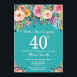 Convite para aniversário de 40 anos de Surpresa Te<br><div class="desc">Teal Floral Surprise aniversário de 40 anos Convite para Mulheres. Flor Floral de Aquarela. Teal Aqua Turquoise. Rosa, Amarelo, Laranja, Flor Roxo. Aniversário Adulto. 13 15 16º 18º 20 21rua 30 40º 50º 60º 80 de 70 100º, qualquer idade. Para mais personalização, clique no botão "Personalizar" e use nossa ferramenta...</div>