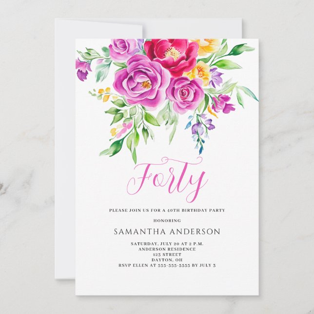 Convite para aniversário de 40 anos Floral Cor-de- (Frente)