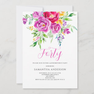 Convite para aniversário de 40 anos Floral Cor-de-