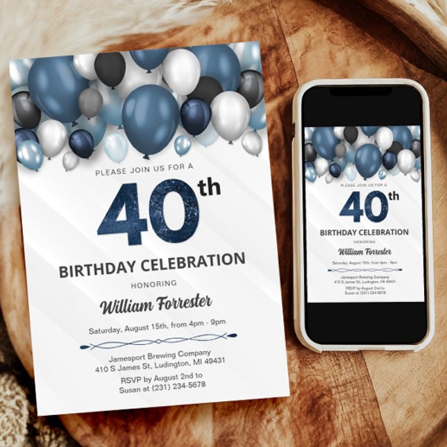 Convite para aniversário de 40 anos preto e branco (Blue Silver Black & White 40th Birthday Invitation)