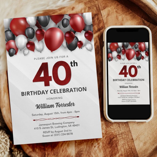 Convite para aniversário de 40 anos preto Red Silv (Black Red Silver & White 40th Birthday Invitation)