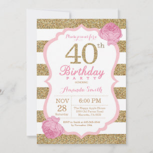 Convite para aniversário de 40 anos rosa e Dourado