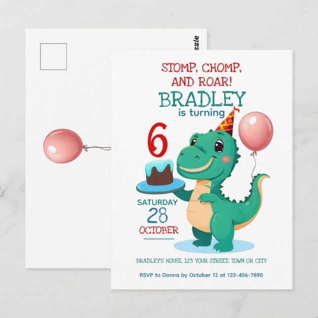 Convite para Aniversário de 6 anos do T Rex Dinoss (Frente/Verso)
