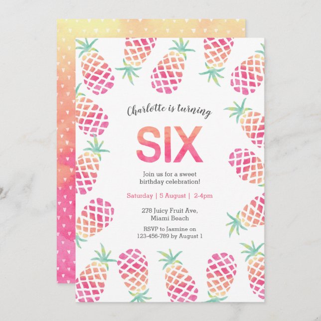 Convite para aniversário de 6 tropical de abacaxi  (Frente/Verso)