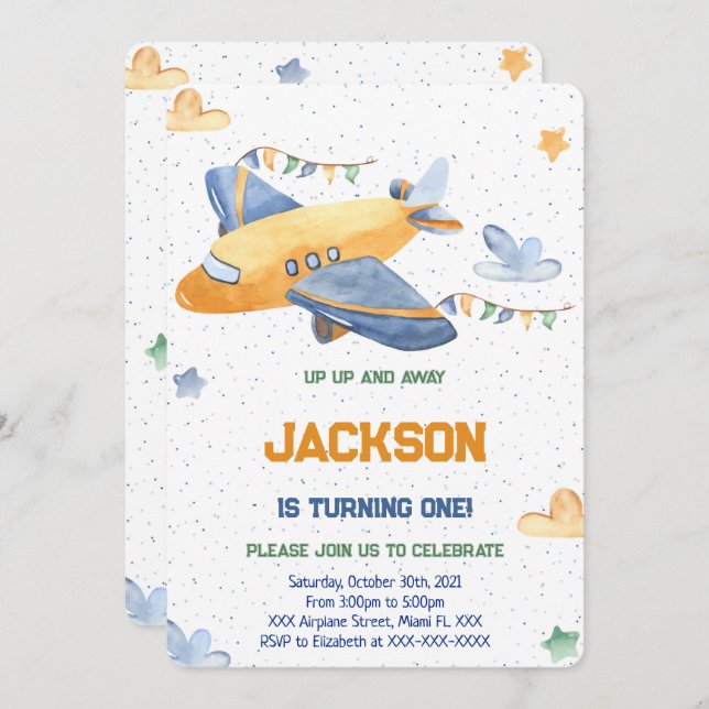 Convite para Aniversário de Avião Editável (Frente/Verso)