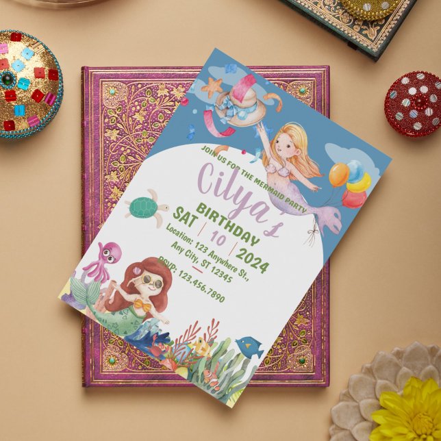 Convite para aniversário de Cores Aquáticas da Ser (Cute Mermaid Watercolor birthday Invitation)