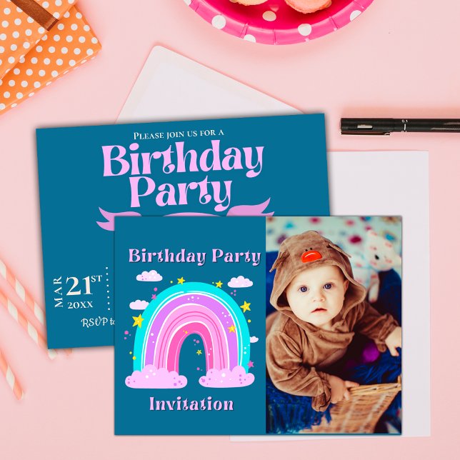 Convite para Aniversário de criança de Foto do Uni (Unicorn Rainbow Photo Birthday Party Invitation Postcard)