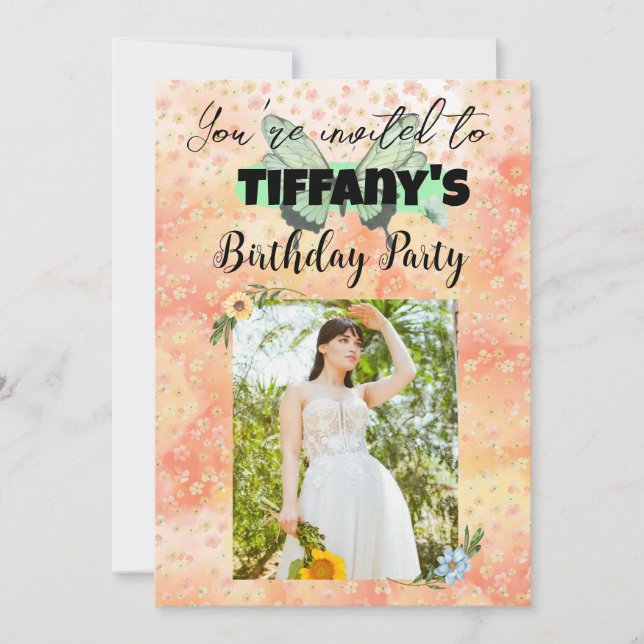 Convite para aniversário de flores e borboletas (Frente)