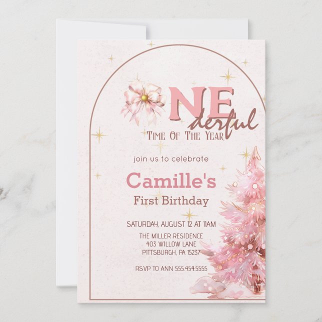 Convite para aniversário de natal em árvore rosa (Frente)