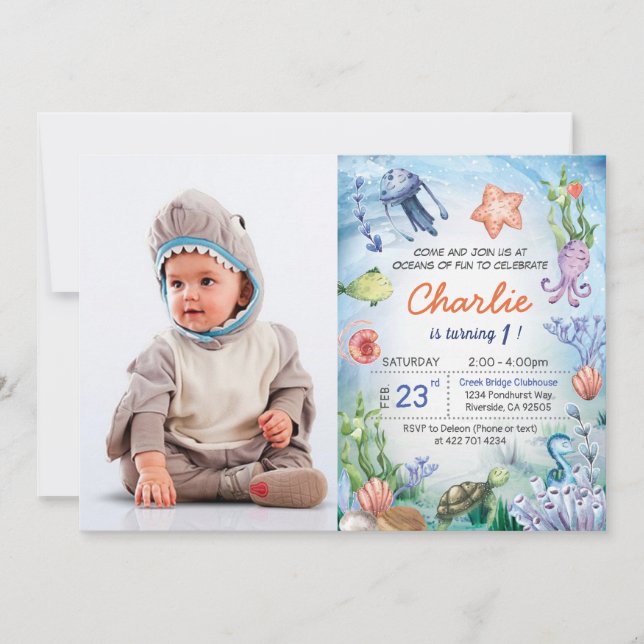 Convite para aniversário de tubarões bebês (Frente)