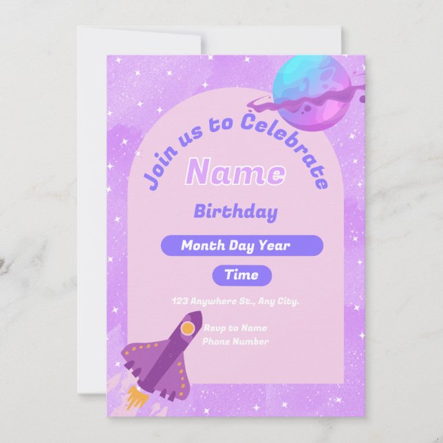 Convite para Aniversário do Espaço Exterior Roxo (Frente)