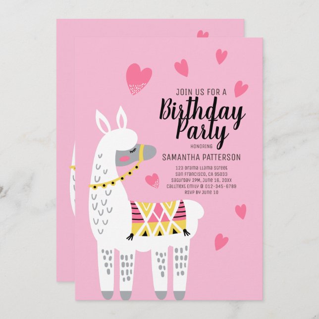 Convite para Aniversário do Modern Cute Llama (Frente/Verso)